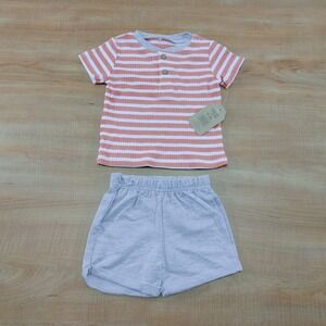 Chick Pea Baby Boys Orange Striped Henley Top and Grey Shorts Set 6-9M